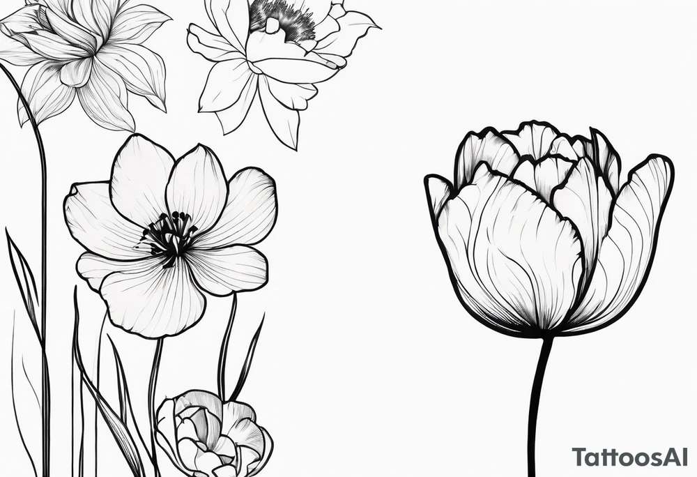 Verticle arm placement of dainty TULIPS, LILLIES, DRAGONflower, poppy, bees, peony, forearm tattoo idea