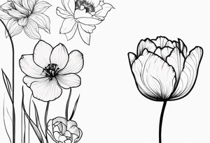 Verticle arm placement of dainty TULIPS, LILLIES, DRAGONflower, poppy, bees, peony, forearm tattoo idea