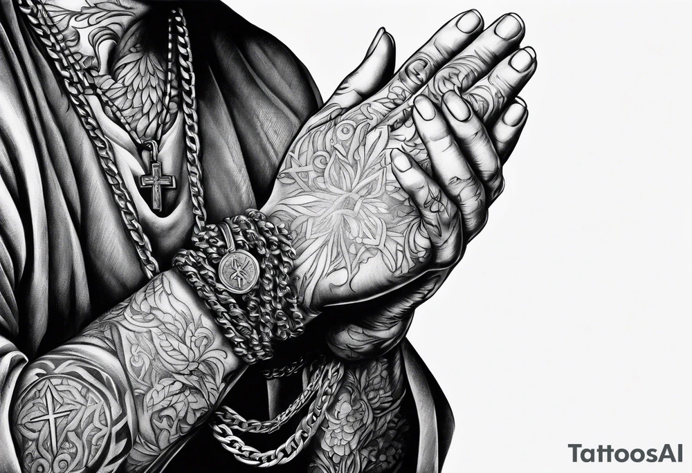 praying hands with chain cross tattoo idea