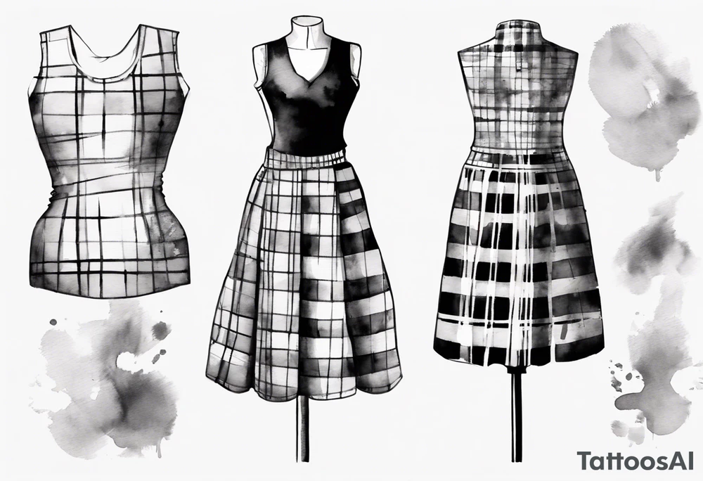 Tailor's mannequin with a little girl's plaid dress consisting of skirt and vest on top. Watercolour style tattoo idea