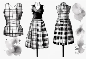 Tailor's mannequin with a little girl's plaid dress consisting of skirt and vest on top. Watercolour style tattoo idea