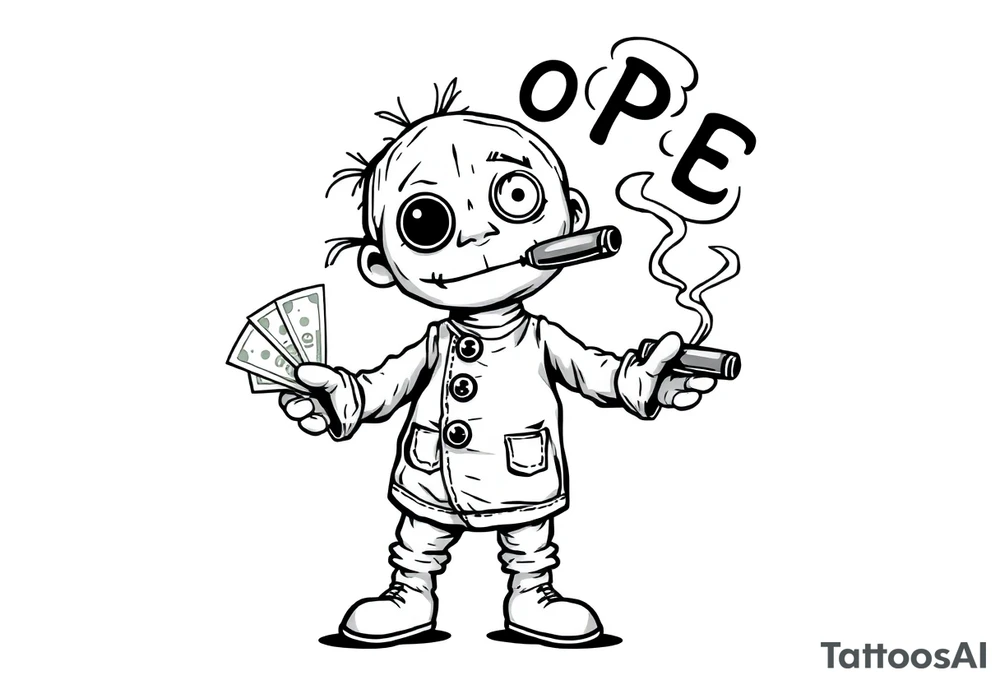 Stitched up rag doll with a button as one eye and some thread as the other. Holding some money in one hand and a cigar in the other hand. Smoke pouring off the cigar with the cloud of smoke above spelling out the word DOPE tattoo idea