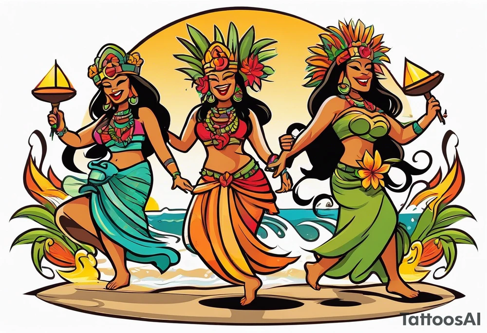 dancing tiki gods with sexy hula women having a dance part on the beach with a sunset in the center of the image with tiki gods tattoo idea