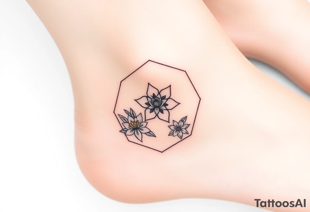 Faint Hexagon with Leo, larkspur and water lilies in the center tattoo idea