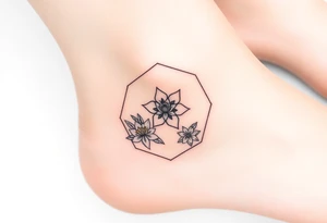 Faint Hexagon with Leo, larkspur and water lilies in the center tattoo idea