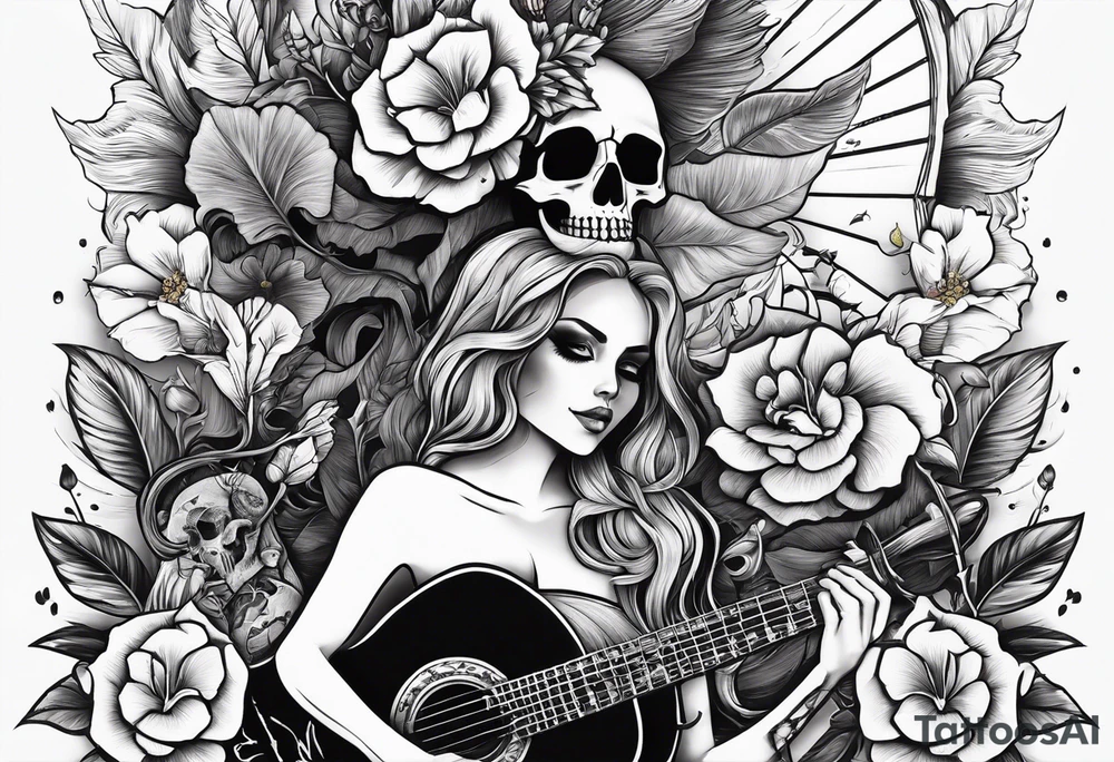 a female skeleton holding a hibiscus flower and a male skeleton playing a guitar. tattoo idea