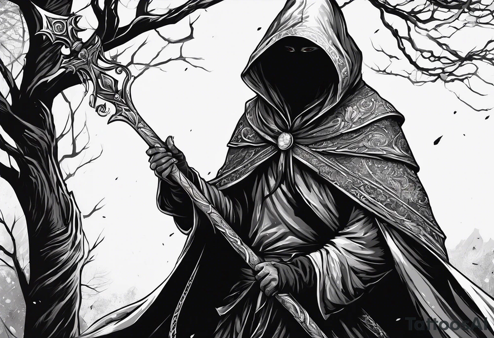 Hooded figure with no face carrying wooden staff with gem on top and wearing a long tattered cloak tattoo idea
