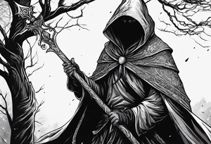 Hooded figure with no face carrying wooden staff with gem on top and wearing a long tattered cloak tattoo idea