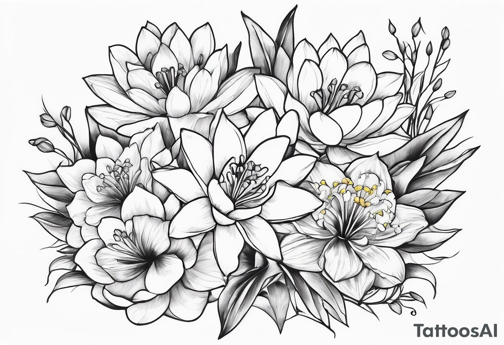 Water Lily, Lily of the Valley, Narcissus, and Gladiolus flower bouquet tattoo idea