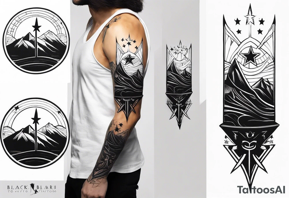 complete upper arm sleeve. Feature three mountain side by side, with 3 stars above them crossed sword patterns that evoke the Valkyrie spirit. Keep the design in clean, simple lines. tattoo idea