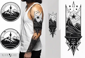 complete upper arm sleeve. Feature three mountain side by side, with 3 stars above them crossed sword patterns that evoke the Valkyrie spirit. Keep the design in clean, simple lines. tattoo idea