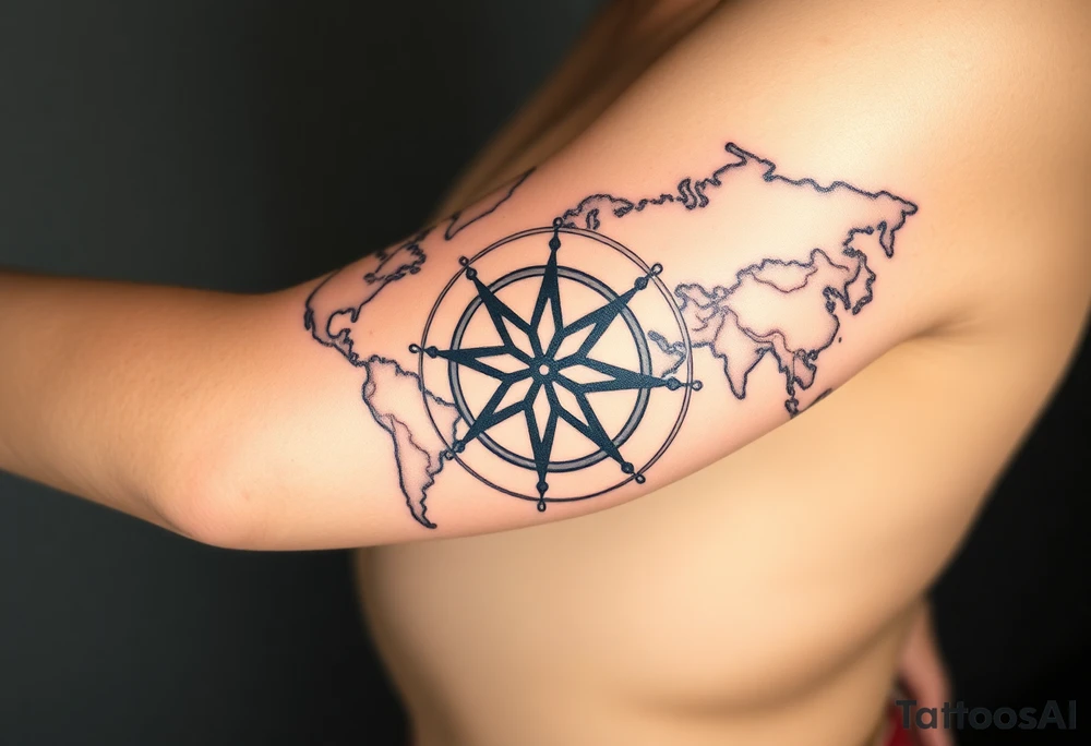antique compass rose overlaid on weathered world map with sailing ships tattoo idea