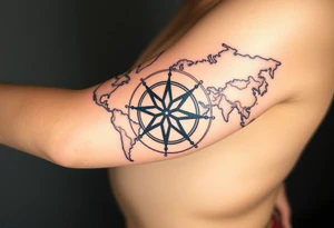 antique compass rose overlaid on weathered world map with sailing ships tattoo idea