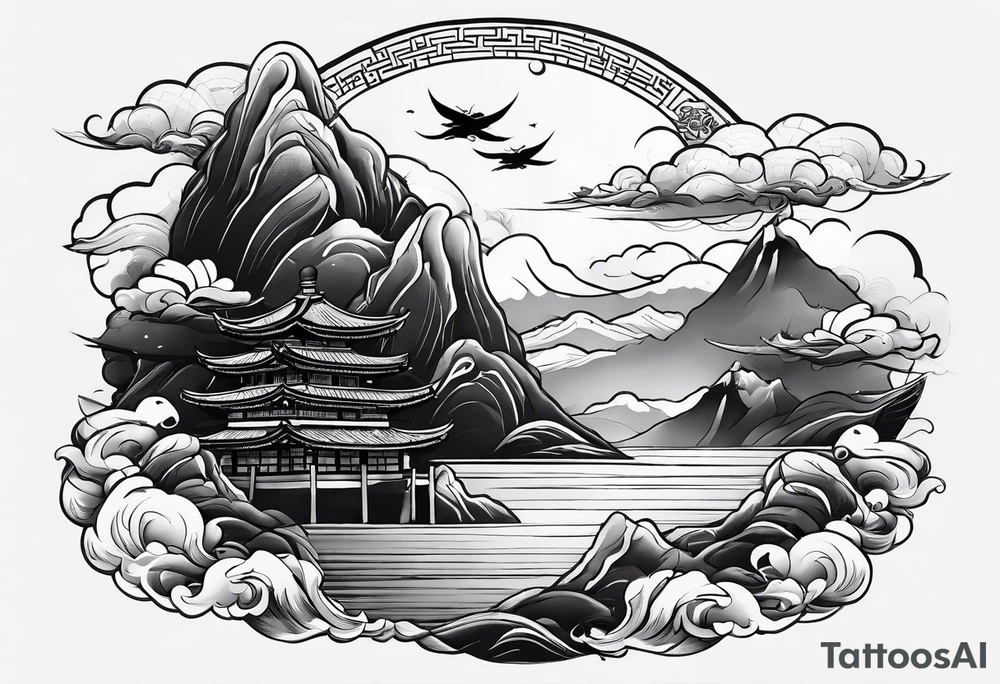 samurai flies among the clouds. beneath it is the ocean and mountains. war and love tattoo idea