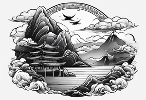 samurai flies among the clouds. beneath it is the ocean and mountains. war and love tattoo idea