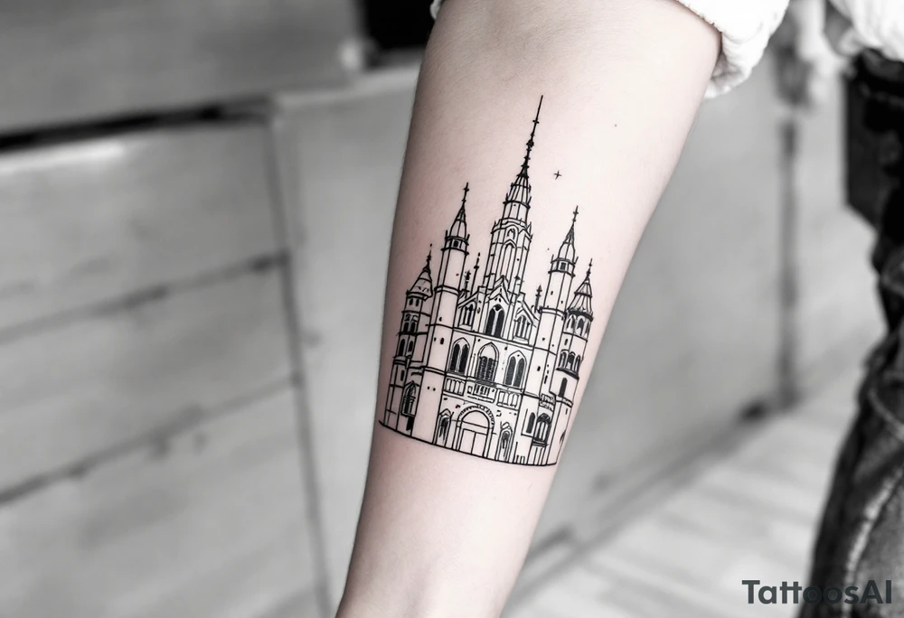 Creative barcelona architecture leg sleeve tattoo idea