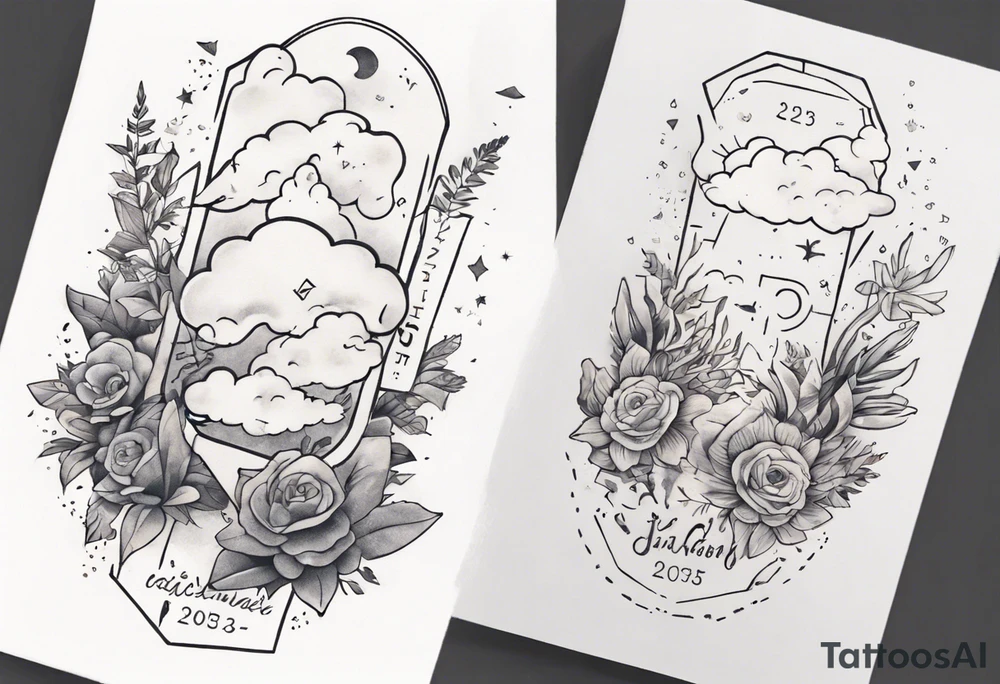 a forearm tattoo with a cloud with little plants and underneath it the date 12.08.05 tattoo idea