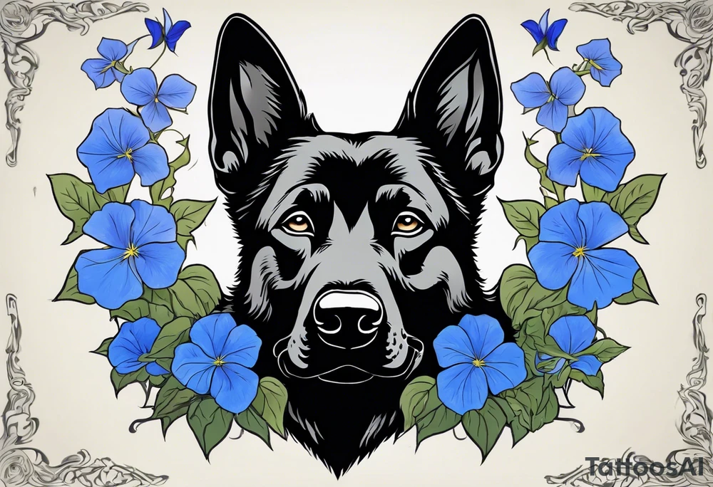 Black German shepherd face surrounded by blue morning glories tattoo idea