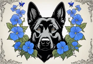 Black German shepherd face surrounded by blue morning glories tattoo idea