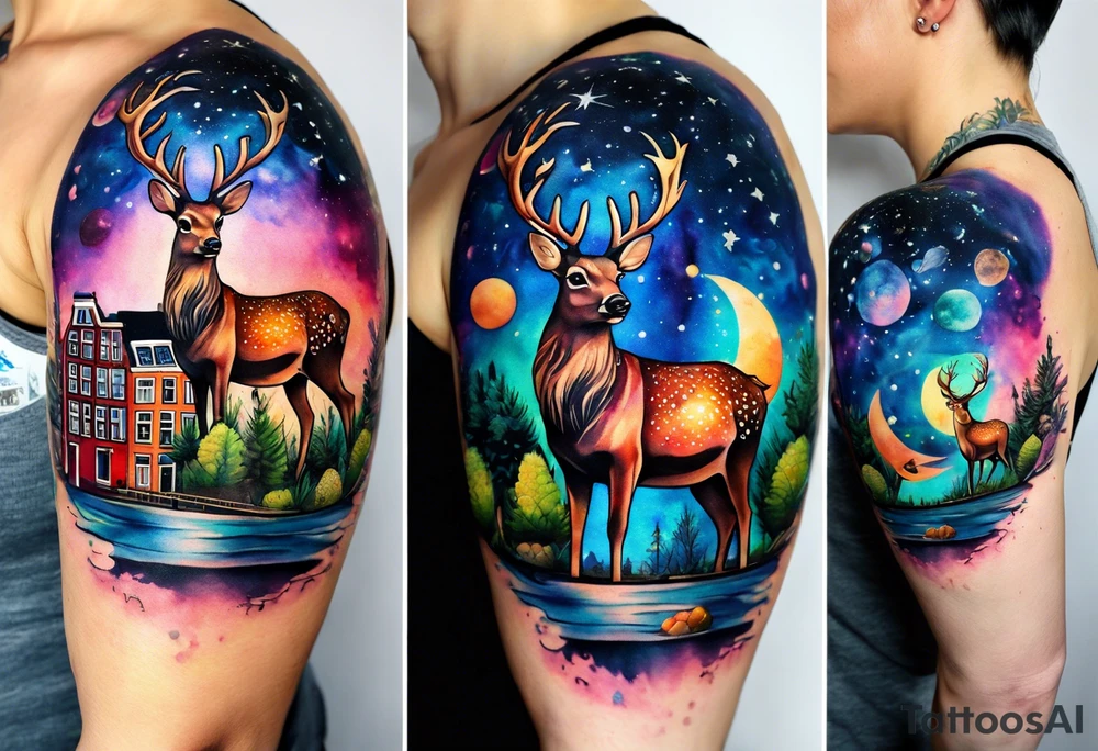 Watercolour arm tattoo of stag deer and birds in Amsterdam canal featuring Amsterdam houses in space and galaxies featuring pineapples and galaxy colours featuring stag and pineapples tattoo idea