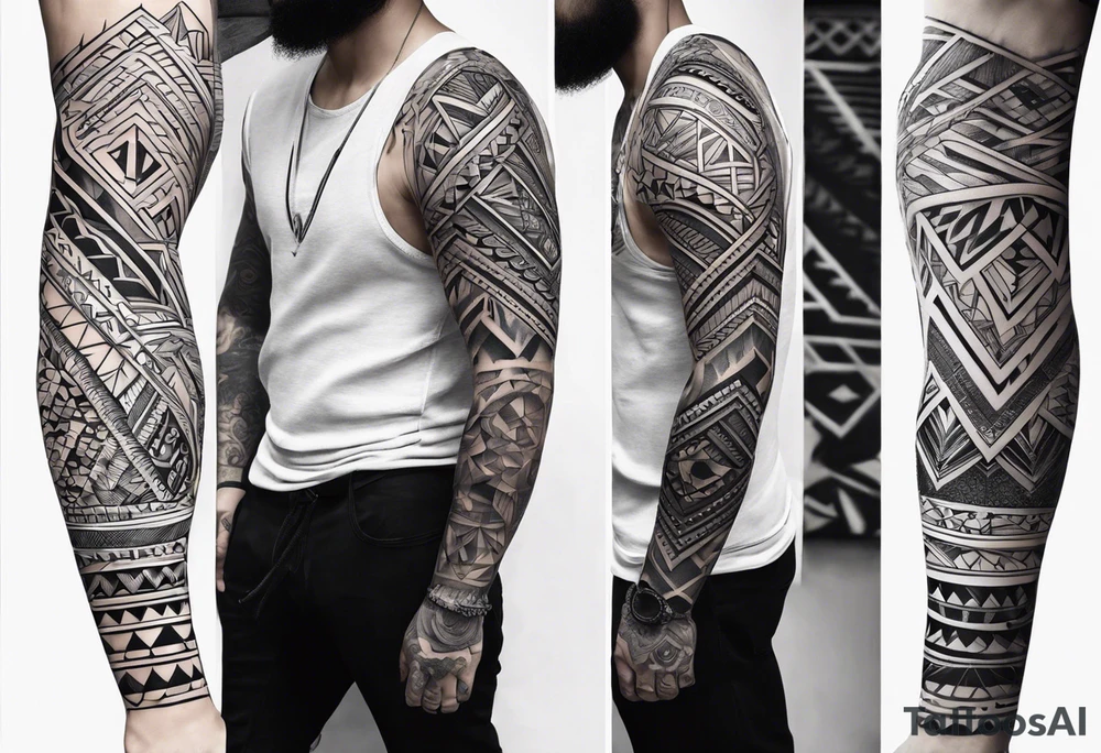 Full leg sleeve and tribal and geometric tattoo idea