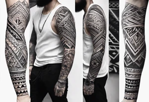 Full leg sleeve and tribal and geometric tattoo idea