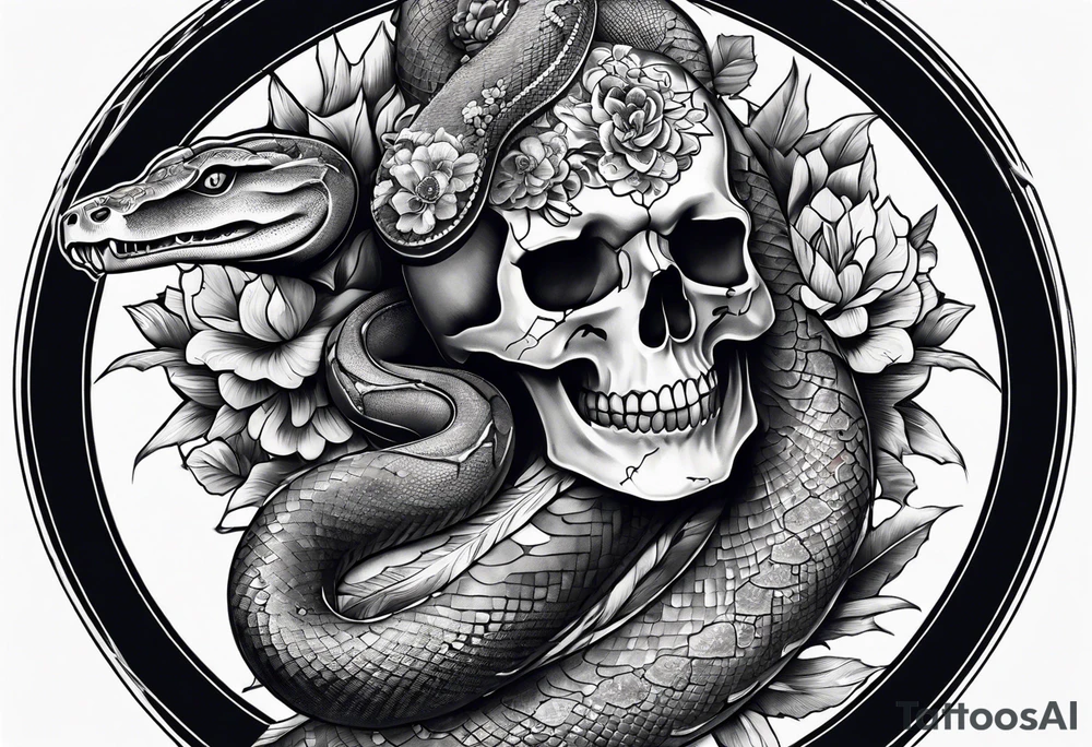 sleeve tattoo with a snake, gun, skull and Japanese designs, NO FLOWERS tattoo idea