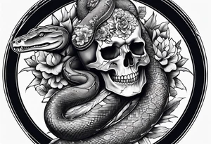 sleeve tattoo with a snake, gun, skull and Japanese designs, NO FLOWERS tattoo idea