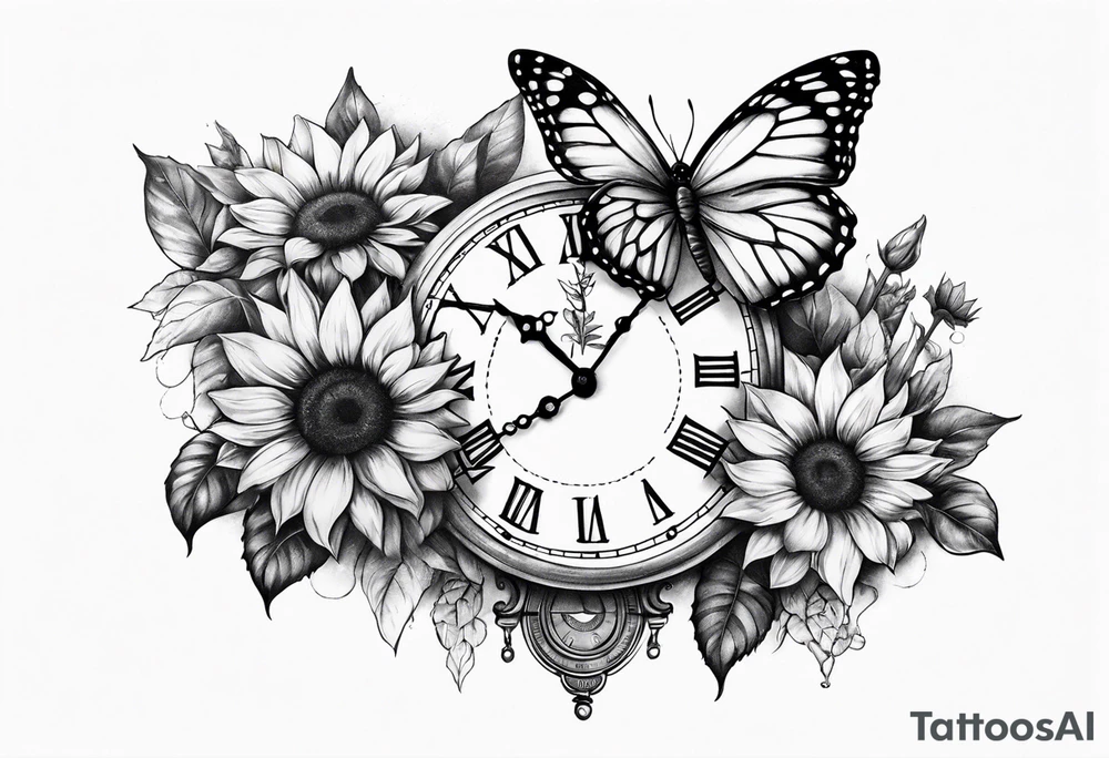 Sleeve with clock, sunflower and butterfly tattoo idea