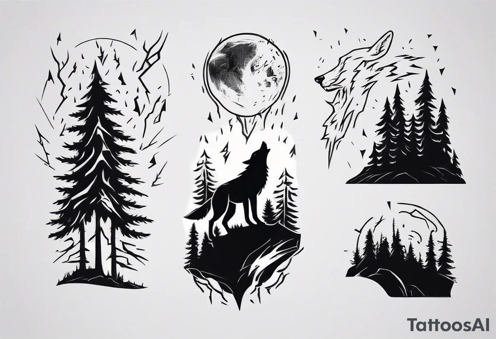a thunderstorm over a forest and a wolf howling tattoo idea a thunderstorm over a forest and a wolf howling tattoo idea