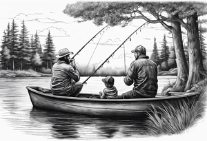 Father, son, and daughter fishing from bank on a lake with trees surrounding them tattoo idea
