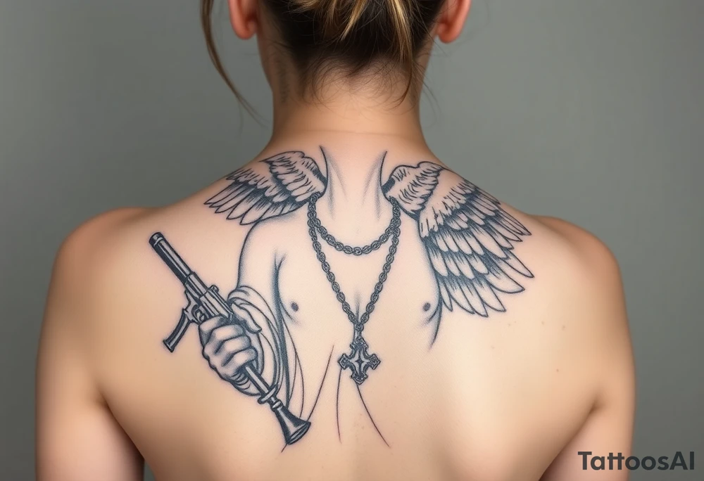 old angel statue in criminal style, tattooed and at the same time contemporary, weapons in hand, gangster-style gold necklaces tattoo idea