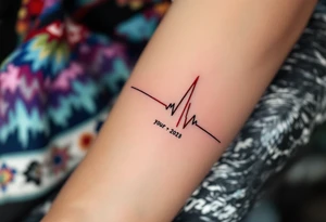 A heartbeat line ending in a red spike with your wedding date in cursive on the forearm marks love's most important moment. tattoo idea