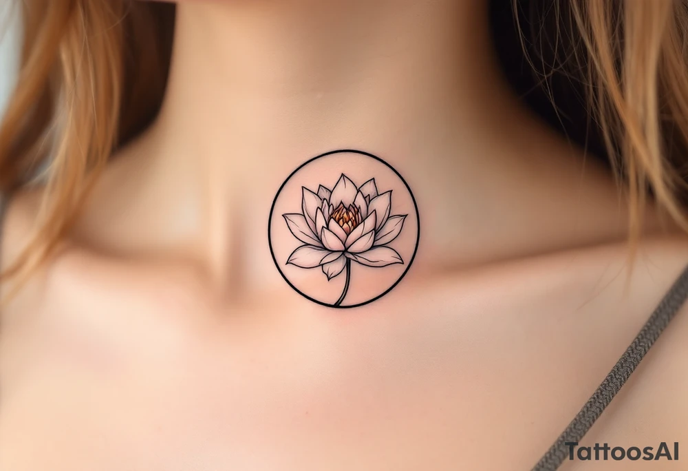 A small and thin black circle enclosing a delicate lotus flower in soft pink and white. tattoo idea