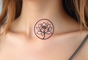 A small and thin black circle enclosing a delicate lotus flower in soft pink and white. tattoo idea