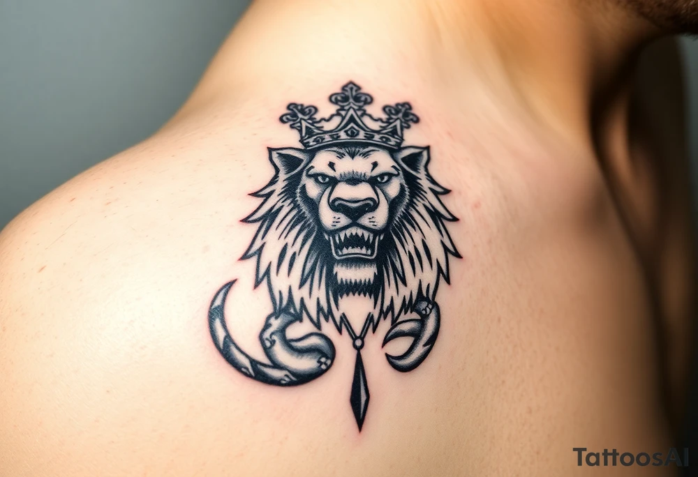 a powerful and majestic lion with a crown and in the middle of this crown a square is a freemason's compass, a realistic scorpion, tattoo idea