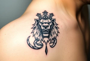 a powerful and majestic lion with a crown and in the middle of this crown a square is a freemason's compass, a realistic scorpion, tattoo idea