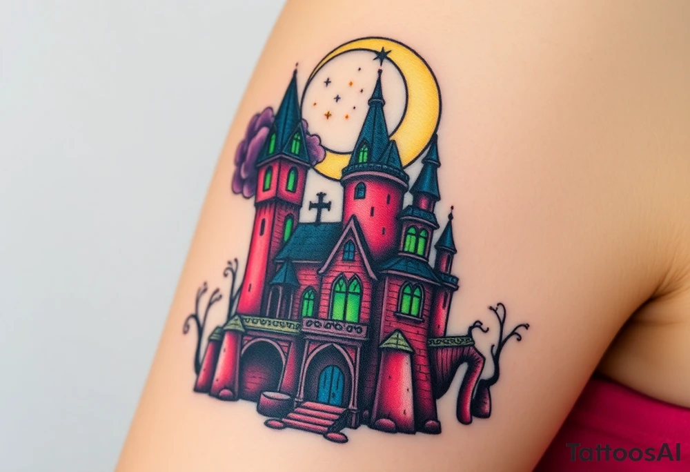 Tim Burton’s disney sleeping beauty’s haunted castle is abandoned and dripping with muted reds, dusty pinks, and eerie green glow.purple and cyan smokey clouds swirl in the crescent moonlit sky thats sprinkled with stars tattoo idea tattoo idea
