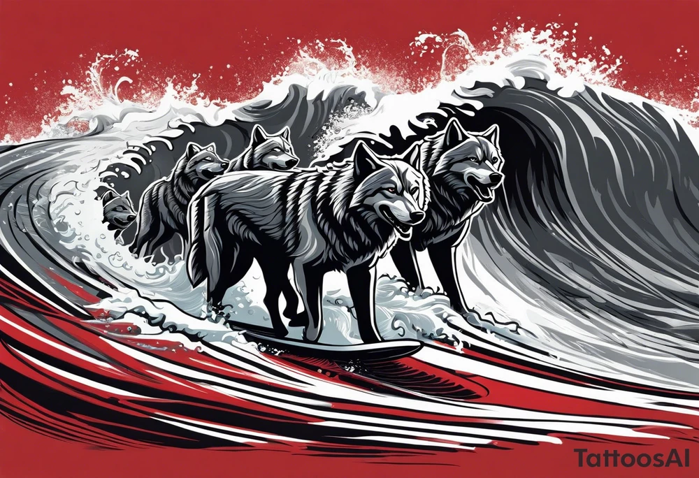 a pack of 3 howling muscular  gray wolves surfing waves with a linear background with red, white and black and gray including the word Howler in an aggressive script font tattoo idea