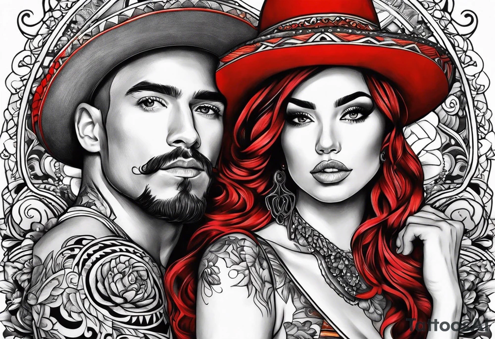 Couple's tattoos red head and brown mexican tattoo idea