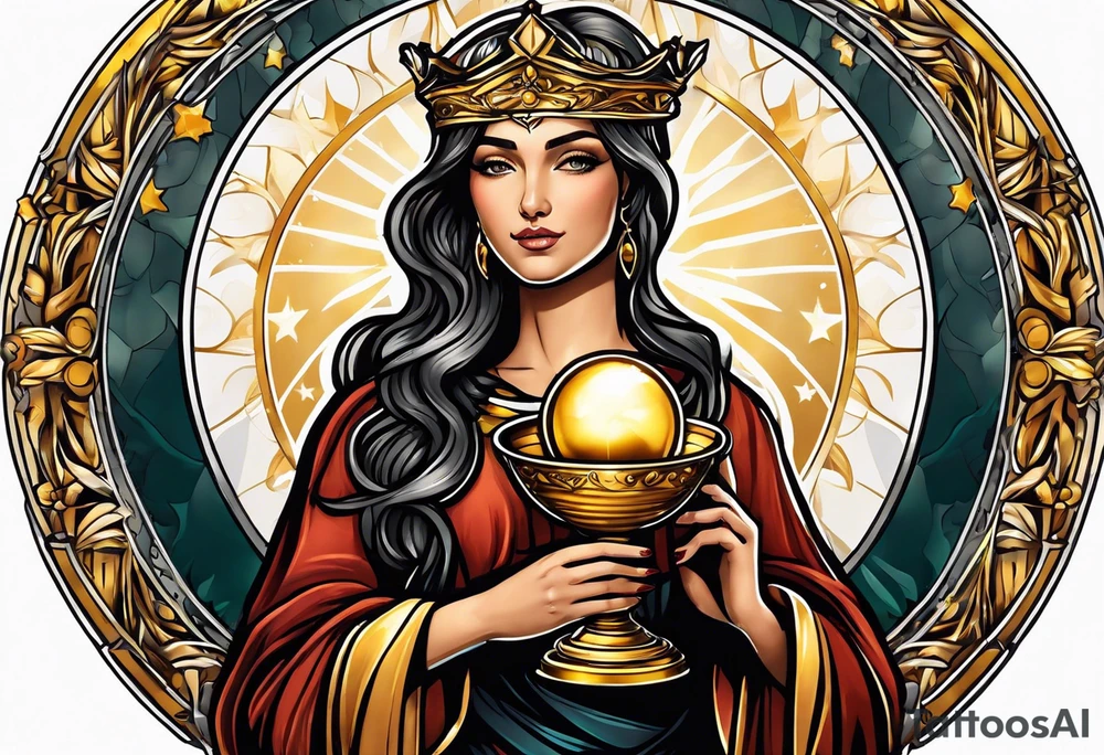 woman saint holding chalice surrounded by golden halo portrait tattoo idea
