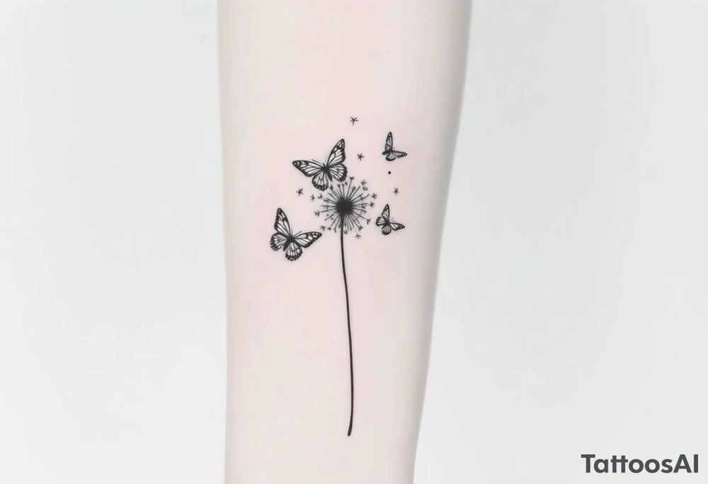 a dandelion and two butterflies flying around it.  some pieces of the dandelion fly tattoo idea