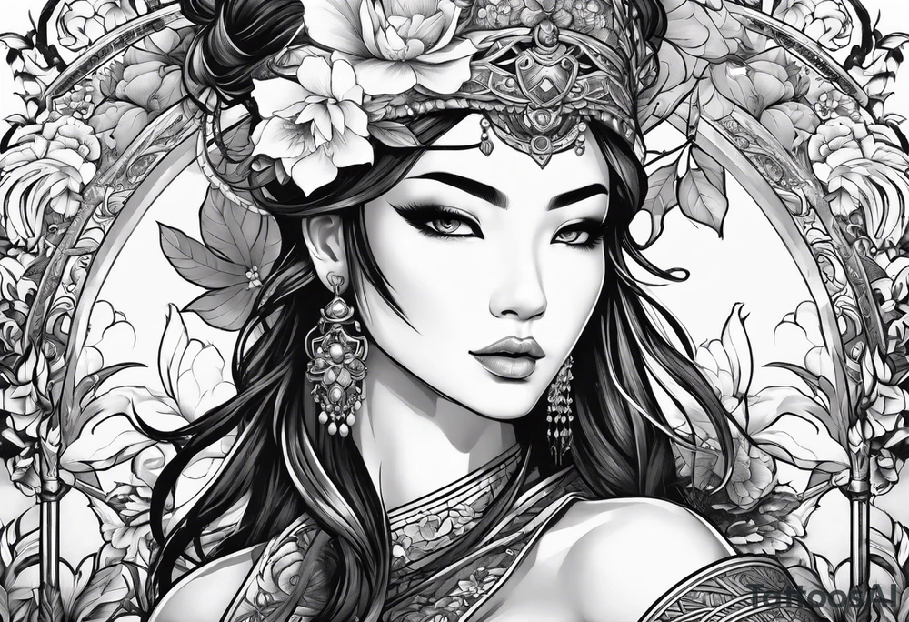 ornate beautiful woman warrior with weapon & floral arch background tattoo from head to torso tattoo idea