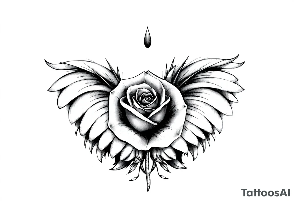 TWO FEATHERS TOGETHER WITH A ROSE WITH SERGE WRITTEN INSIDE tattoo idea