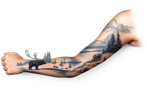 A full-sleeve with the Härjedalen landscape, reindeer, bear, lakes, mountains (Helags), tattoo idea