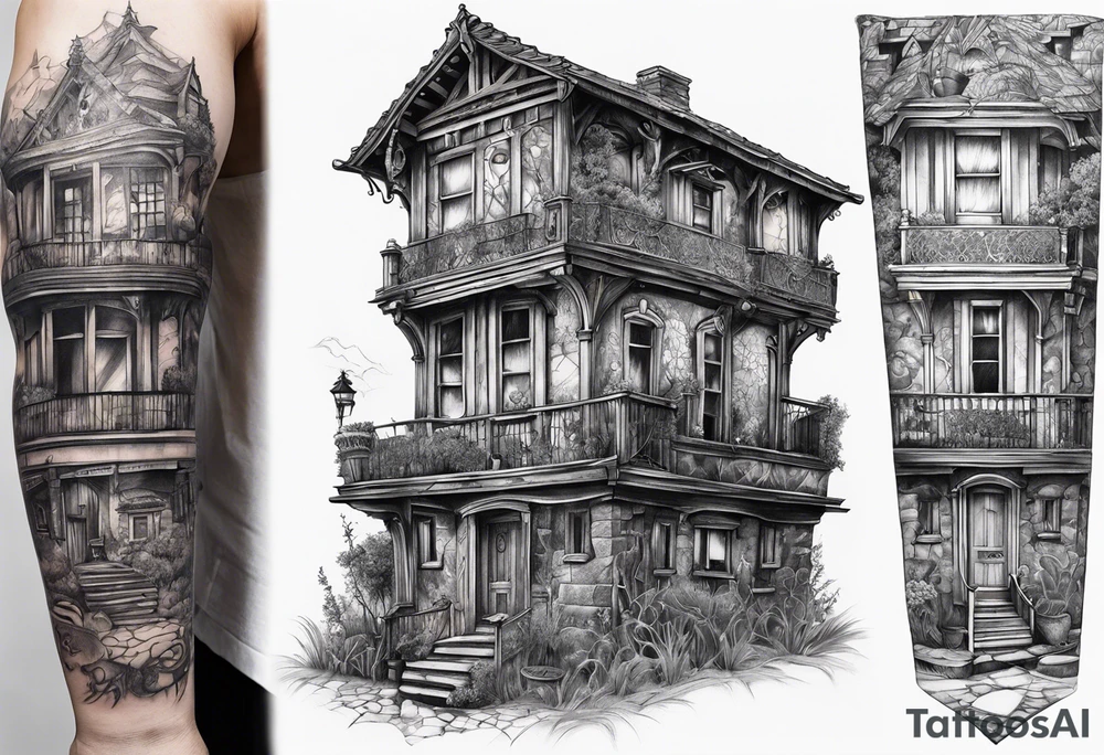 fool sleeve, abandoned old gotic house, broken sword tattoo idea