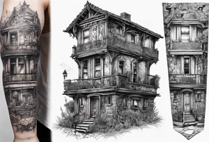 fool sleeve, abandoned old gotic house, broken sword tattoo idea