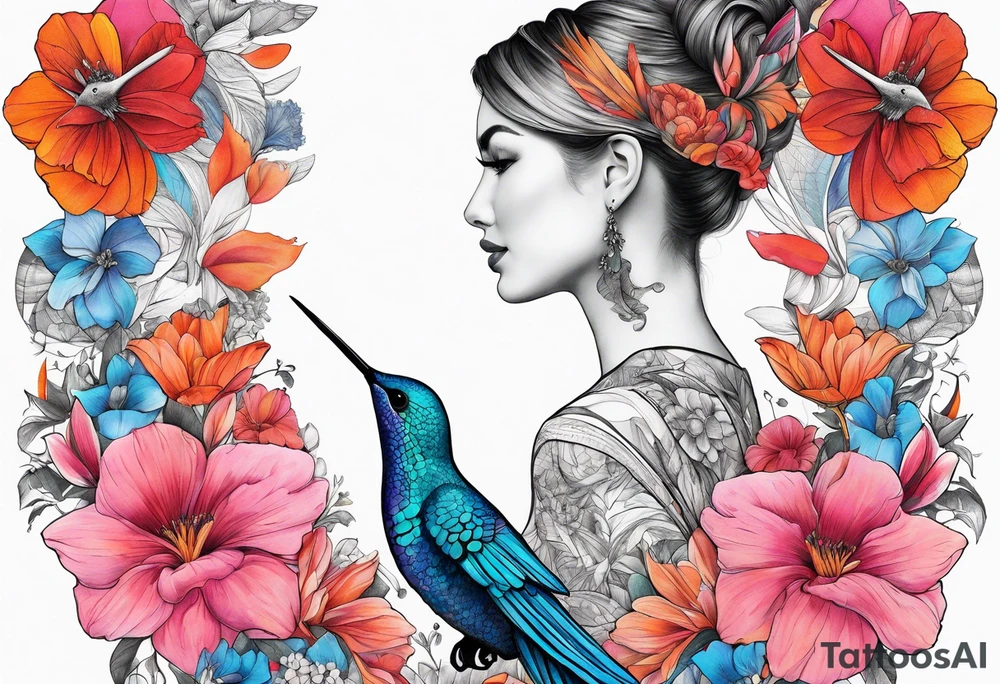 hummingbird, lady face, flowers, bold color, collage, pink, orange, red, hot air balloon, blue whale tattoo idea