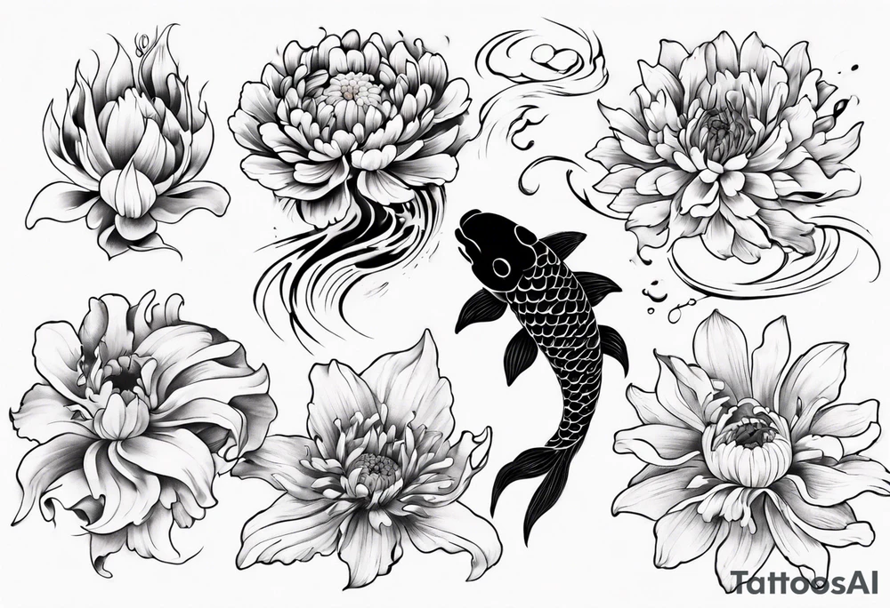 Japanese style tattoo koi daffodils, chrysanthemum and waves tattoo idea