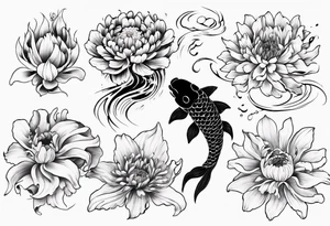 Japanese style tattoo koi daffodils, chrysanthemum and waves tattoo idea